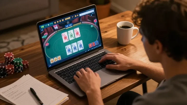 Person engaging in an online poker game at home with vt88 interface visible on laptop screen.