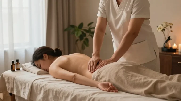 A tranquil 스웨디시 massage scene with a therapist skillfully applying long strokes in a serene spa setting, enhancing relaxation and wellness.