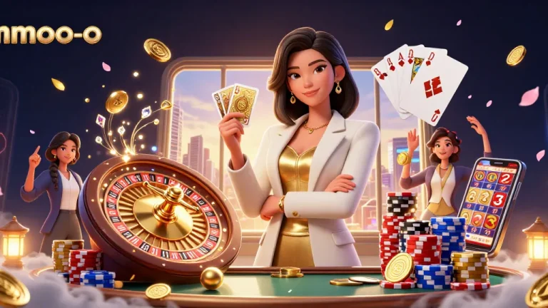 Experience thrilling gaming action at mmoo-o with a powerful businesswoman holding cards amidst cascading coins and shining gems.