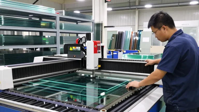 CNC glass cutting machine in action, showcasing advanced technology in glass processing industry.