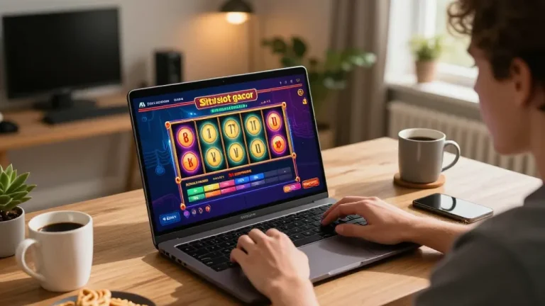 Sparking excitement with situs slot gacor gameplay on a laptop in a cozy home office.