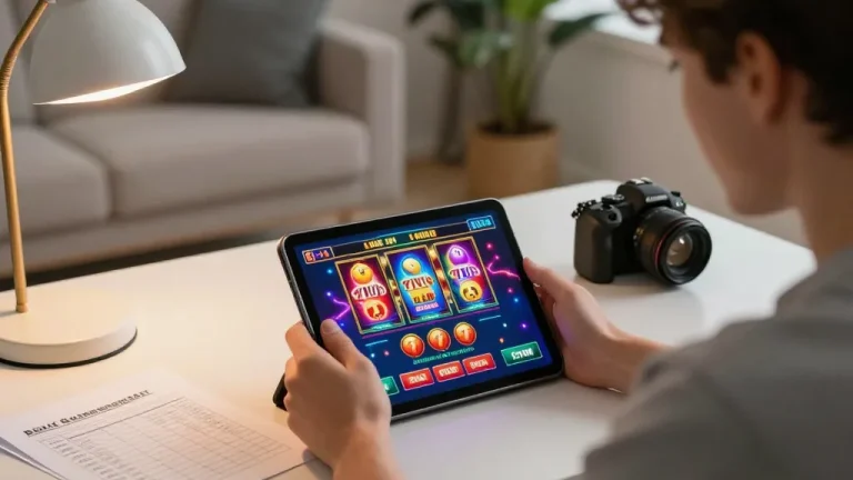 Engaging with live slot games through 77WIN on tablet, showcasing responsible gambling practices