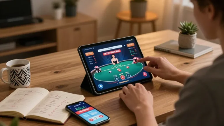 Engaged player enjoying poker on the Sunwin casino app in a cozy home setting.