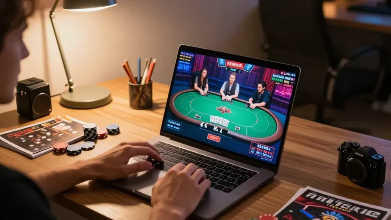 Person enjoying F168VIP online gaming, with poker chips and strategy notes in a cozy atmosphere