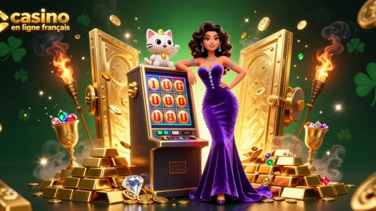 Gagnez gros au casino en ligne francais avec une scène de jackpot glamour pleine de pièces et de trésors.