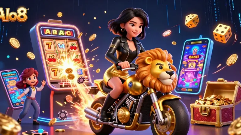 Alo8 features a glamorous Asian woman enjoying excitement on a golden lion in a vibrant casino scene with jackpots.
