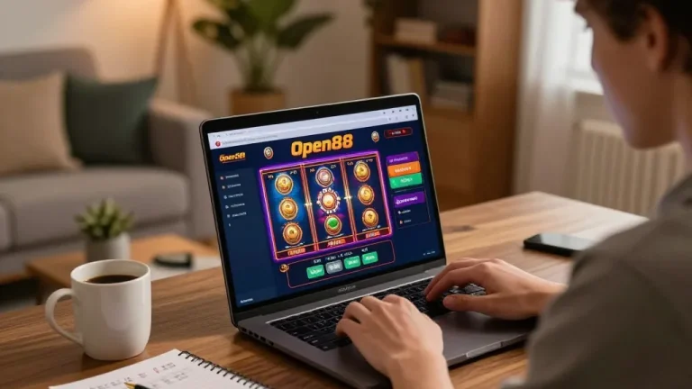 Open88 user engaged in online casino gameplay with vibrant interface and strategic notes visible.