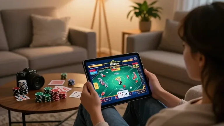 Engaging online gaming experience with 789club app displayed on tablet and poker setup.