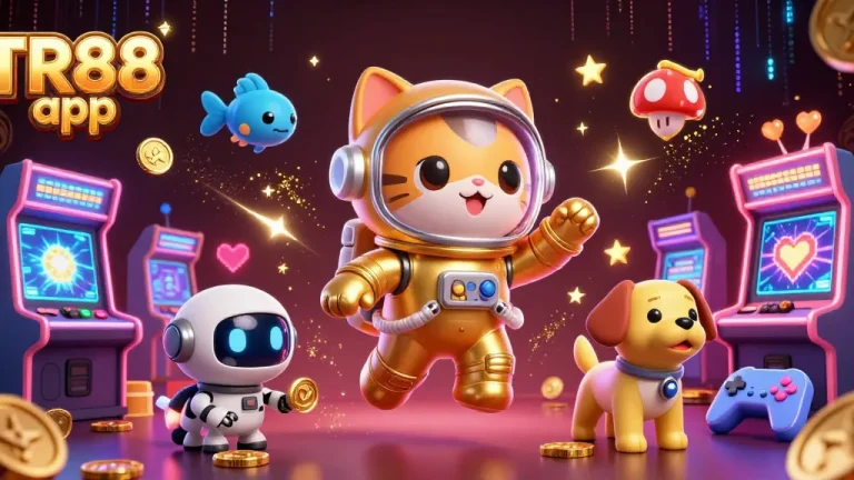 Engage with the TR88 app showcasing a cat astronaut and robotic companion in a dynamic casino scene.