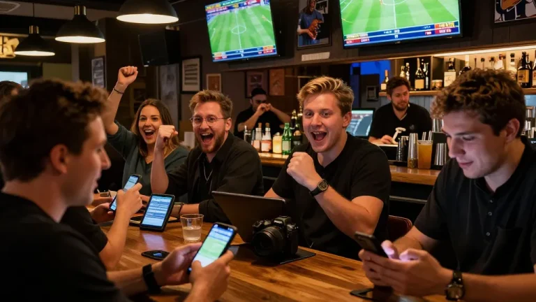 Nowgoal sports bettors engaging with mobile devices in a vibrant bar atmosphere.