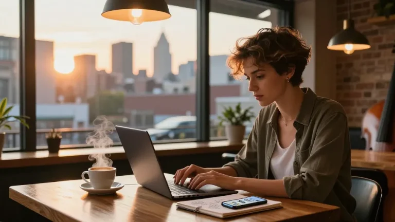 Cozy urban coffee shop scene with a woman working on a laptop, showcasing creativity and relaxation at https://forumup.org/shop/search.php?ca_id=&addr1=&addr2=&addr3=&schKeyword=.