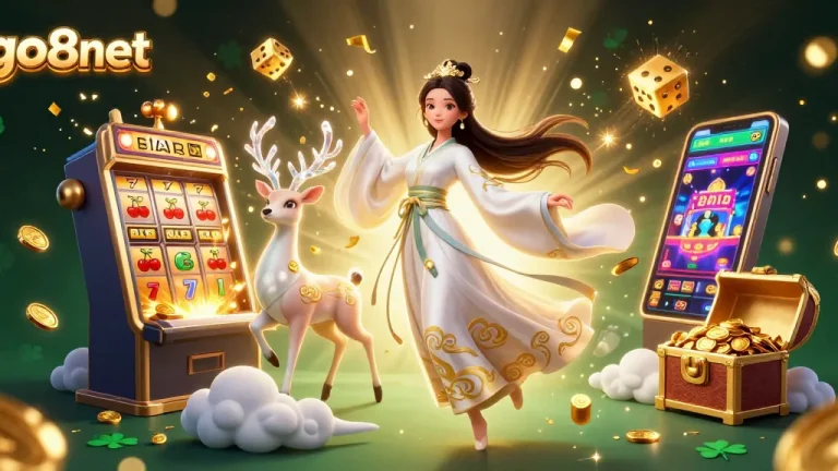 Play exciting games at go8net with vibrant casino elements and characters in a captivating scene.