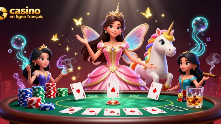 Plongez dans la fantaisie du casino en ligne français avec une femme asiatique glamour et un unicorn doré.