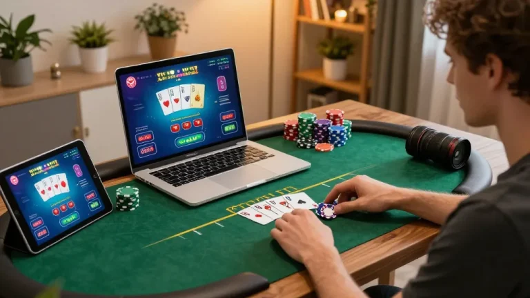 Player enjoys a thrilling rr88 online poker game at home, showcasing a vibrant gaming setup.