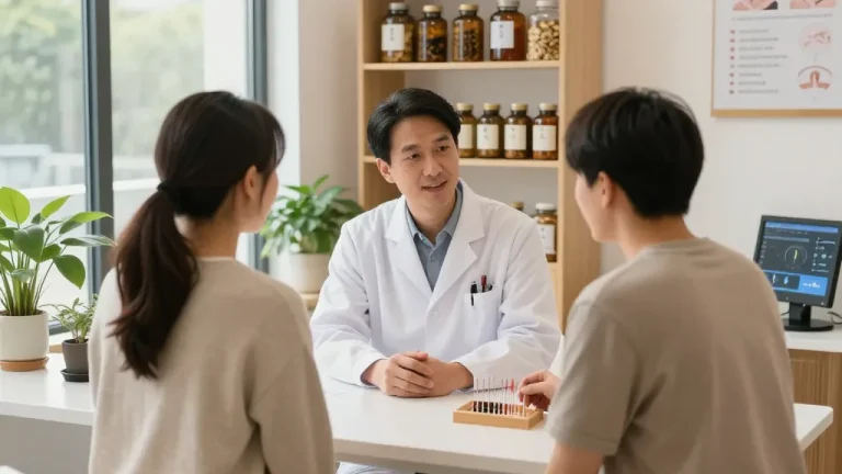 수원한의원 interior with healthcare professional consulting patient in a calming environment