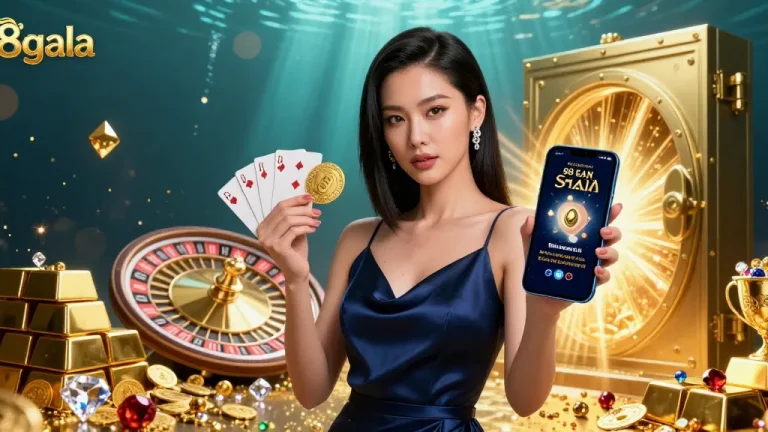 S8gala offers an immersive casino experience with a stunning Asian woman showcasing a golden chip and smartphone amid jewels and gold.