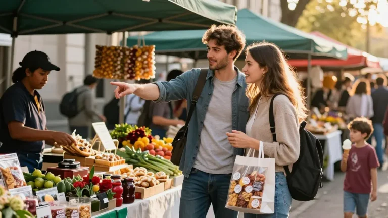 Couple exploring vibrant market, engaging with local vendors, alluding to the search for unique items at https://forumup.org/shop/search.php?ca_id=&addr1=&addr2=&addr3=&schKeyword=.