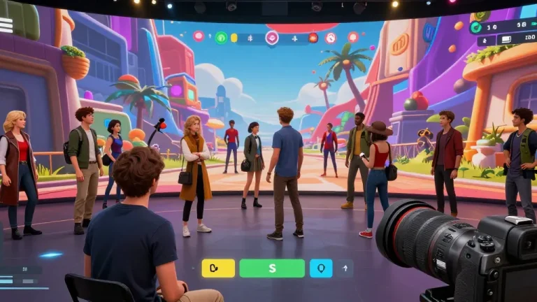 Engaging scene of players in Status AI customizing avatars and interacting with animated characters in a vibrant digital world.