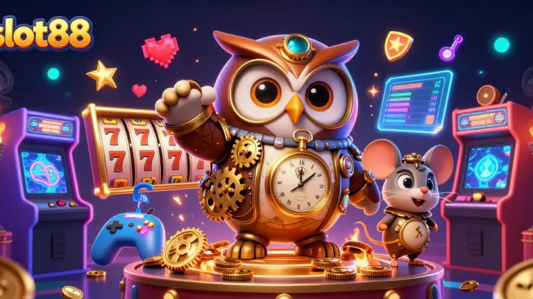 Spin and win at slot88 with vibrant 3D casino elements, featuring a steampunk owl and jackpots.