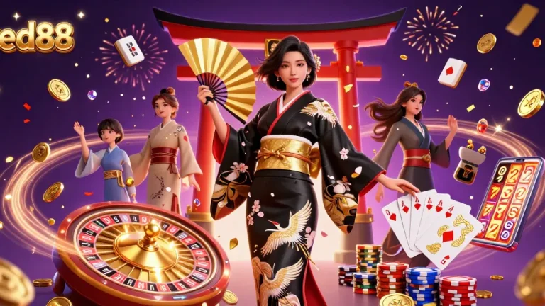 Maximize your gaming experience at red88 with this 3D illustration showcasing an elegant Asian woman in a vibrant casino.