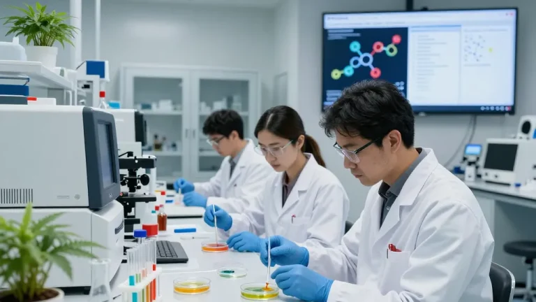 Cannabinoid manufacturer Europe research in modern lab with scientists testing hemp extracts.