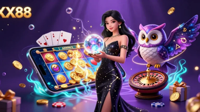 Experience thrilling gameplay at XX88 with a stunning illustration of gaming elements and mystical characters.