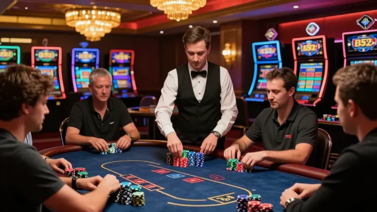 Players enjoying a strategic poker game at B52 casino with vibrant chips and professional dealer.