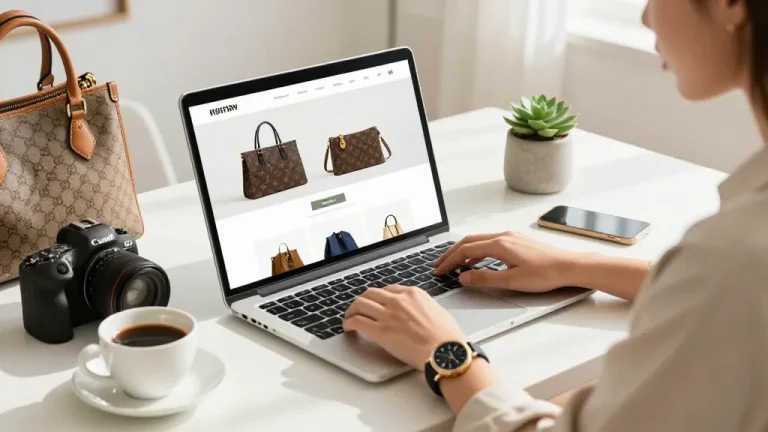 Individual exploring stylish 레플리카 products on a modern e-commerce website in a bright workspace.