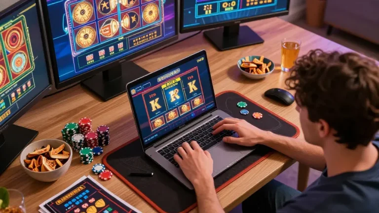 Player engaging in slot bet kecil gaming at home with laptop and colorful chips, showcasing a vibrant online gaming atmosphere.