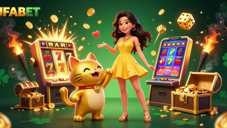 Win big at UFABET with our vibrant casino scene featuring slot machines and golden treasures.