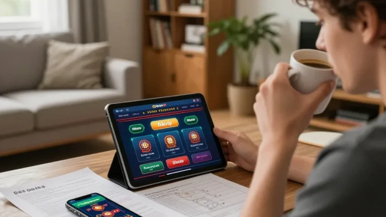 Engaging with rikvip casino app on tablet in a cozy home environment, showcasing responsible gaming.