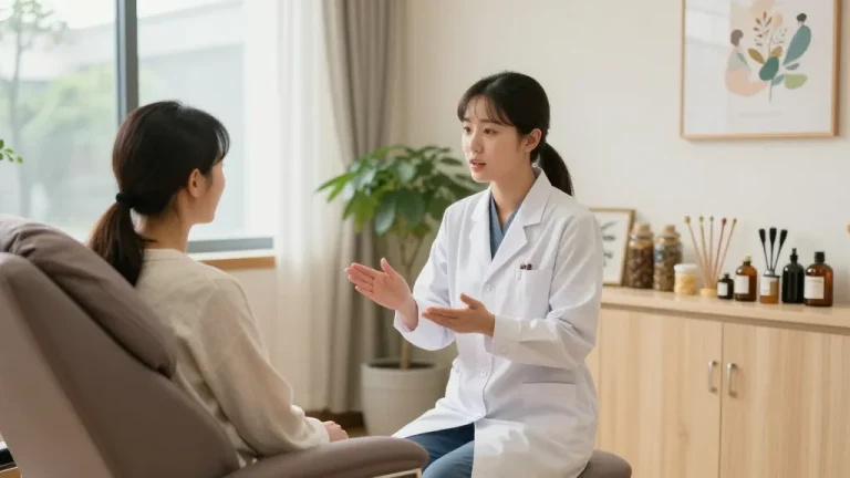 Consultation at 영통한의원 with health professional and patient in a calming treatment room