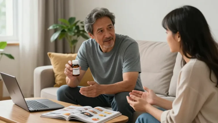 Vidalista bottle in a cozy home setting with a couple discussing erectile dysfunction solutions.