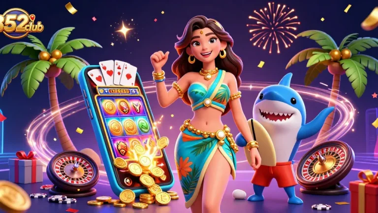 B52club offers thrilling casino action with a glamorous woman, a surfing shark, and dynamic game elements.