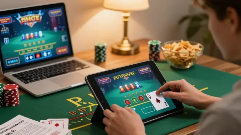 Player enjoying a live dealer blackjack game on 99win, surrounded by snacks and strategy tools.
