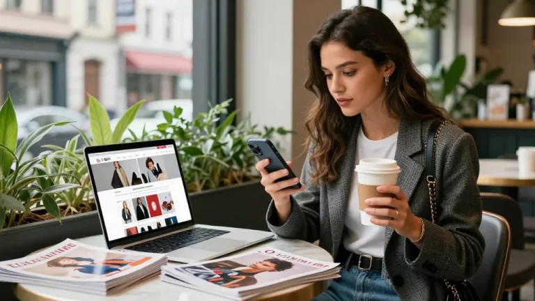Young woman exploring 레플리카 쇼핑몰 options at a trendy café, stylish outfit and smartphone in hand.