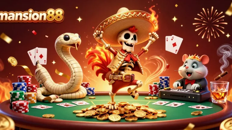 Experience thrilling wins at mansion88 with festive characters and vibrant casino elements!