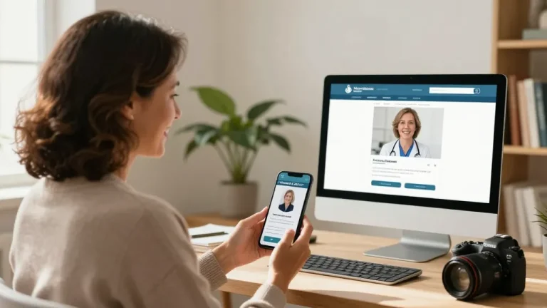 Consultation for medical marijuana card online with a patient and doctor in a warmly lit home office.