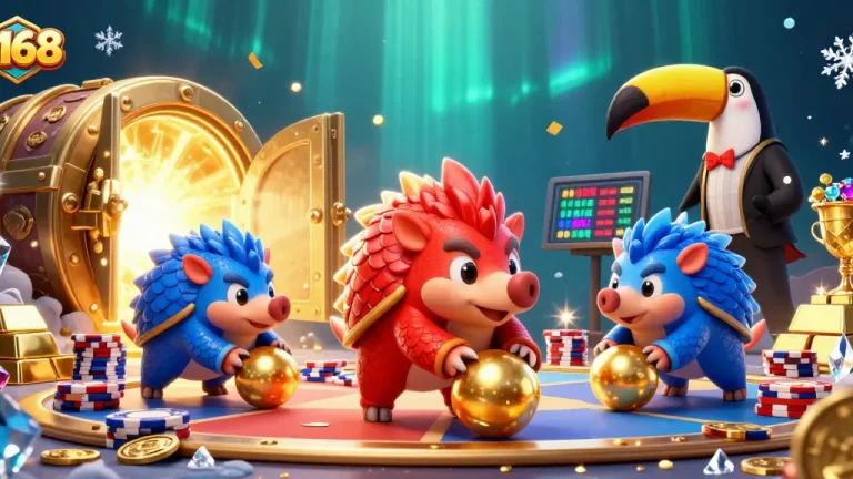 Engage with lavish f168 casino gameplay featuring rival pangolins rolling through poker chips amidst treasures.