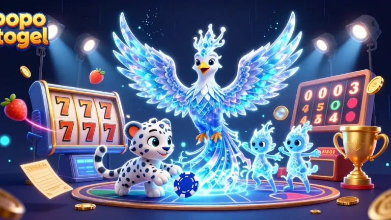 Engage with popo togel through this vibrant 3D scene featuring fun slot reels and captivating characters.