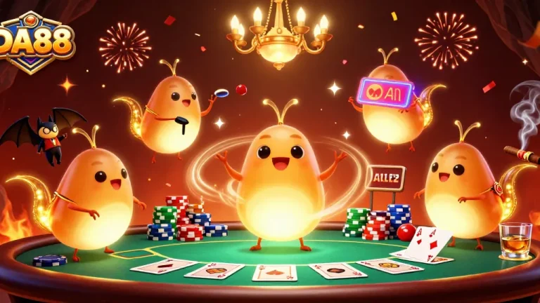 House poker game in DA88 themed cave casino with glowworm lights and vibrant chips.