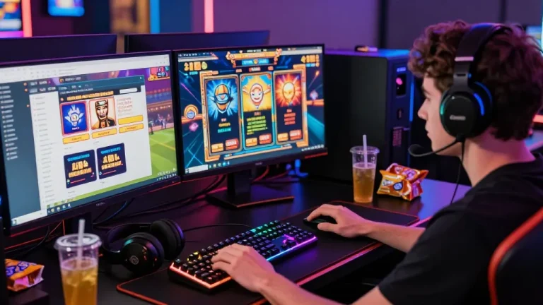 Engaging slot depo 1k gaming scene featuring a player at a dual-monitor setup, showcasing dynamic slot game graphics and colorful peripherals.