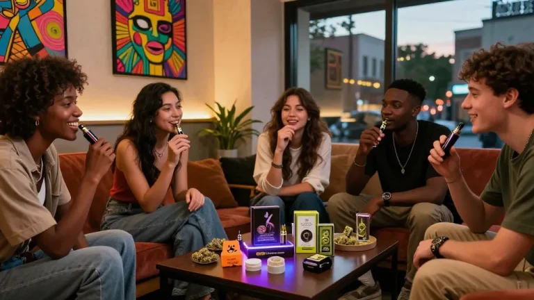 Group of friends enjoying THC vape products including hash sieb in a stylish lounge with vibrant decor.