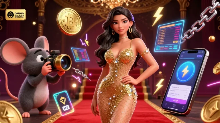 Interagisci con "casino non AAMS affidabile" attraverso un'illustrazione vivace di un casinò 3D con monete crypto ed elementi del casinò.