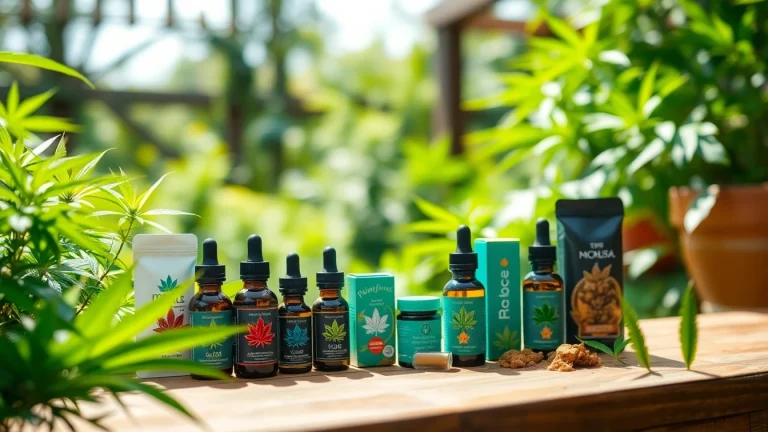 Showcase of cannabis products on a weed online website with vibrant greenery.