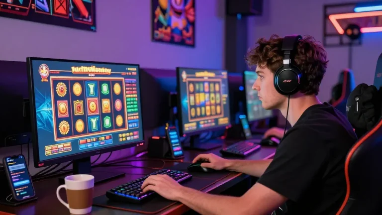 Engaged player enjoying vibrant slot games on a computer in an immersive gaming setup.