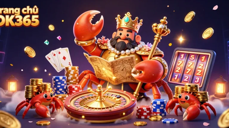 Spin the reels on trang chủ OK365 with vibrant casino elements featuring a golden crab emperor.