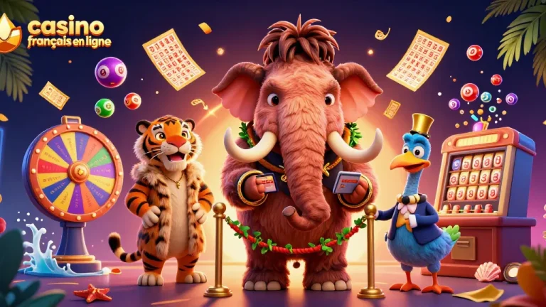 Découvrez le casino français en ligne avec un mammouth bouncer et un tigre VIP dans un décor animé.