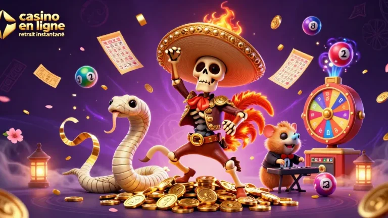 Illustration animée d'un casino en ligne retrait instantané avec un perroquet mariachi et des éléments de loterie colorés.