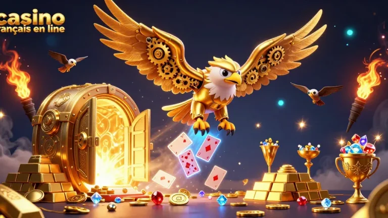 Jouez au casino francais en ligne avec un aigle cybernétique plongeant à travers des cartes holographiques éclatantes.